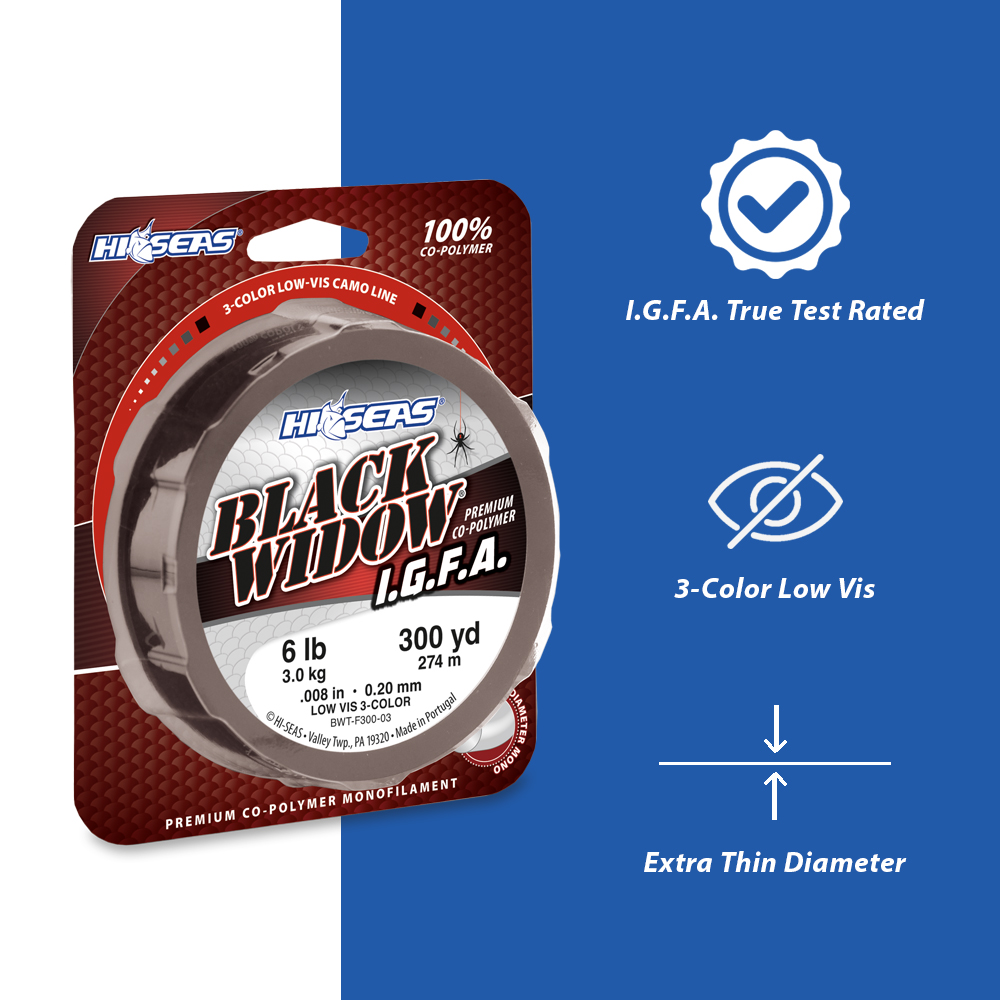 Black Widow Mono Line I.G.F.A. Class 8 16 lb 8.0 kg test .013 in 0.33 mm dia 3 Color Camo 1225 yd 1120 m